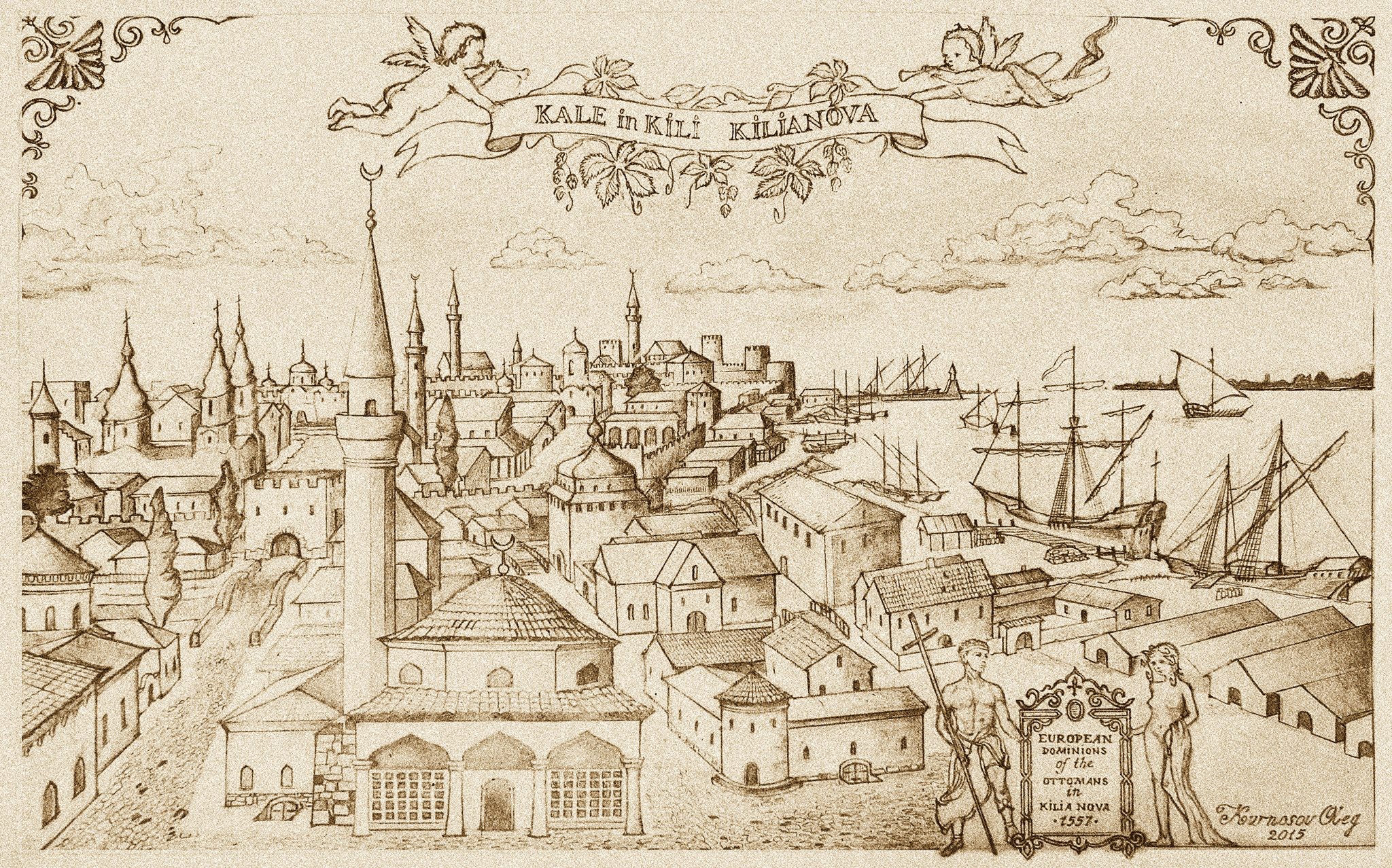 لوحة لمدينة كيليا تعود للقرن السادس عشر الميلادي وتظهر بها مساجد كثيرة.