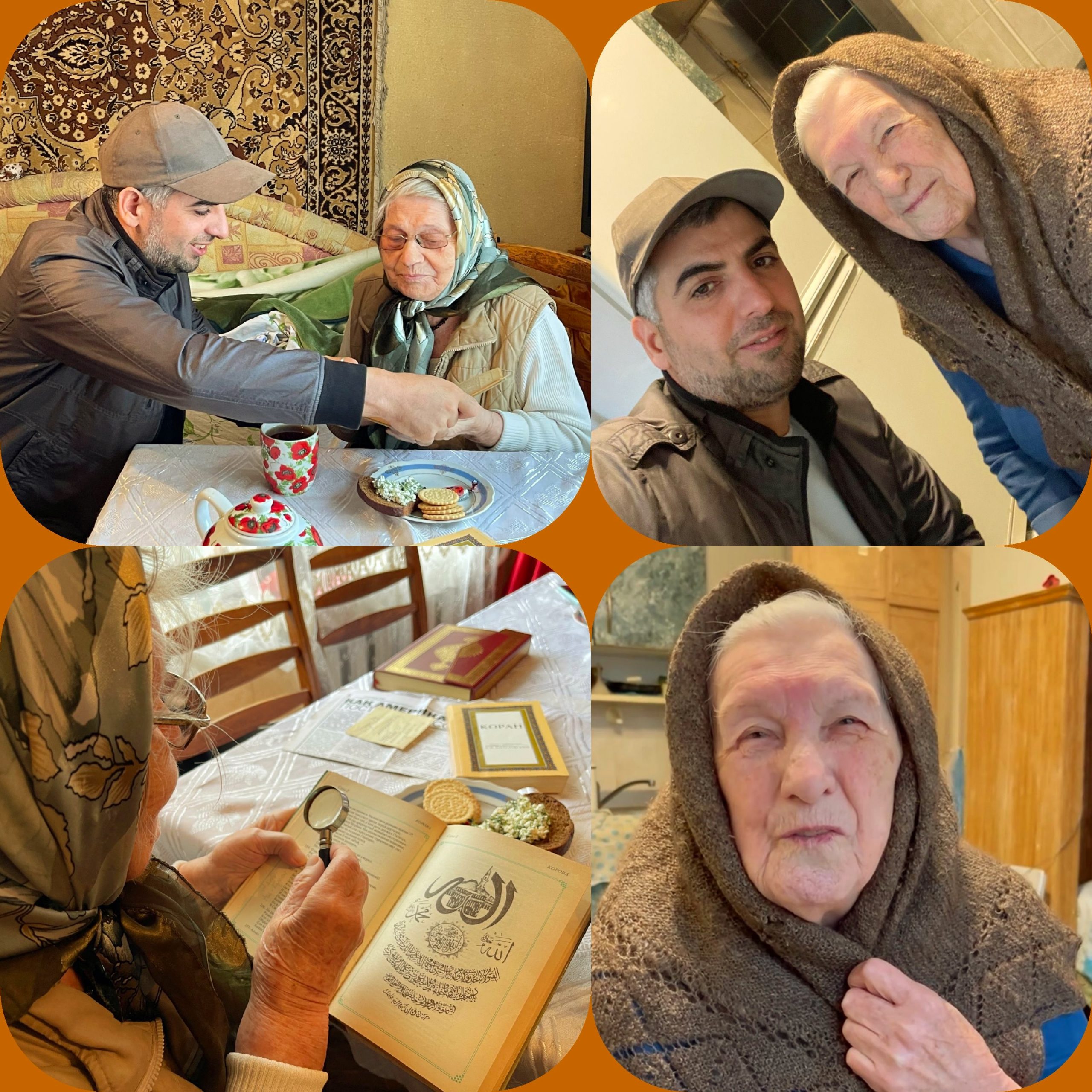الاستماع لتلاوة القرآن من الجدة "سيدة صابرجانوفا"،97 عامًا، وسماع قراءة الكتب الدينية الإسلامية من الجدة "خالصة بهاء الدينوفا"، 92 عامًا