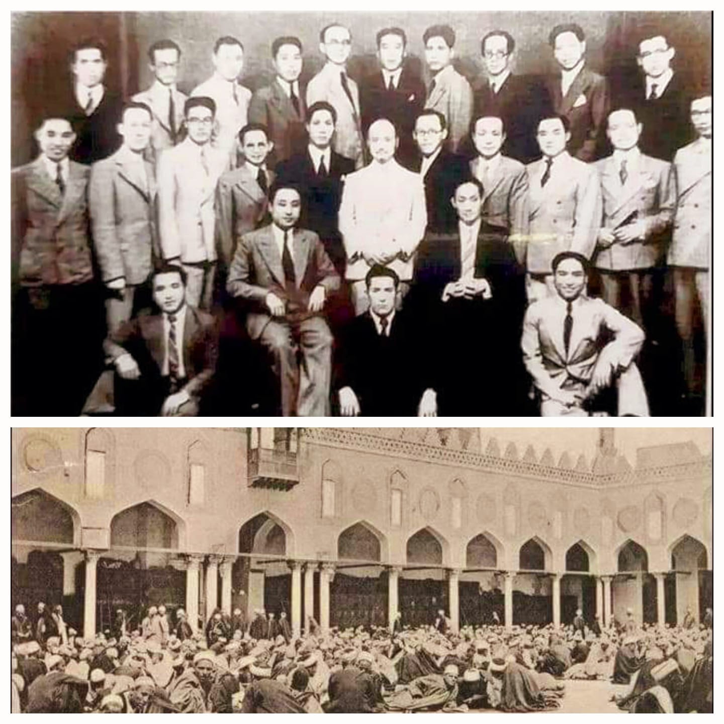 الصورة للجامع الأزهر مطلع القرن العشرين ولطلاب البعثات الصينية الست في الأزهر عام 1938م